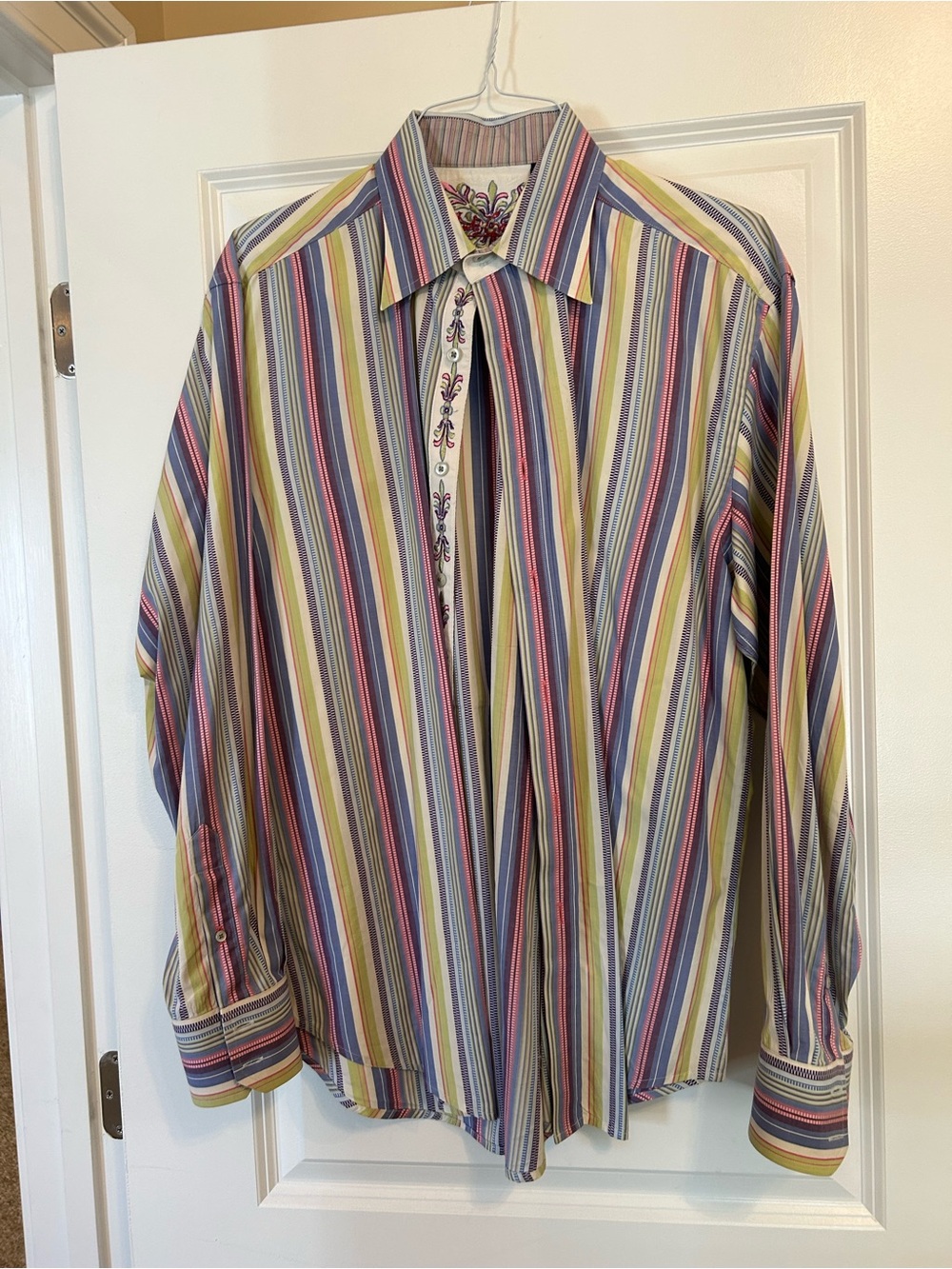 Robert Graham Multicolor Vertical Stripe Dress Shirt with Embroidered Placket